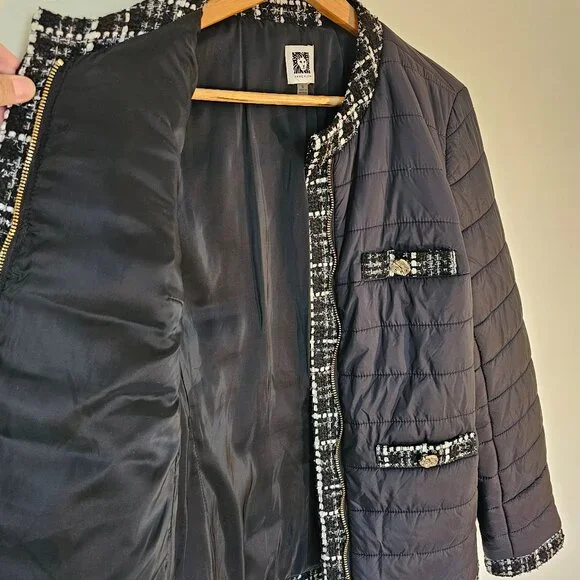 Anne Klein Quilted Puffer Jacket with Tweed Trim – Black (Size M) - Picture 5 of 8